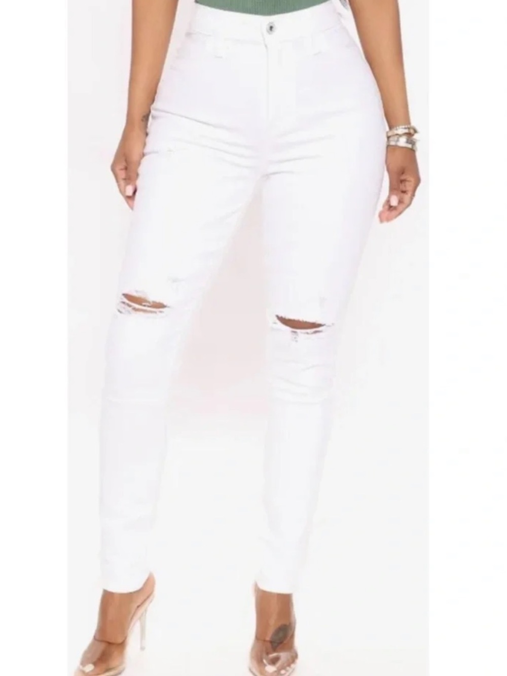 Fashion Nova White High Rise Distressed Skinny Jeans Size 5 Ripped Knee
